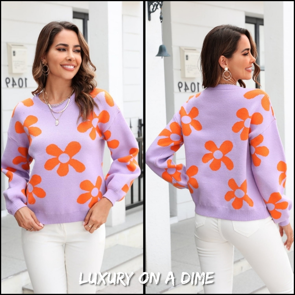 Flower Power Retro Floral Knit Round Neck Long Sleeve Oversized Pullover Sweater - Picture 2 of 9